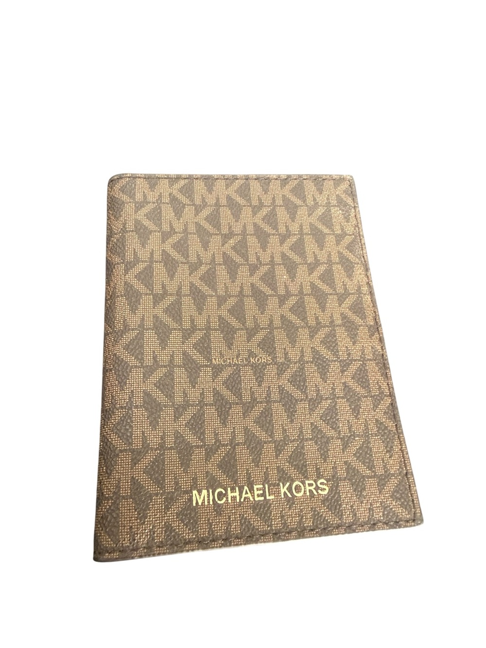 Michael Kors Brown MK Logo Passport Holder with Gold Accent